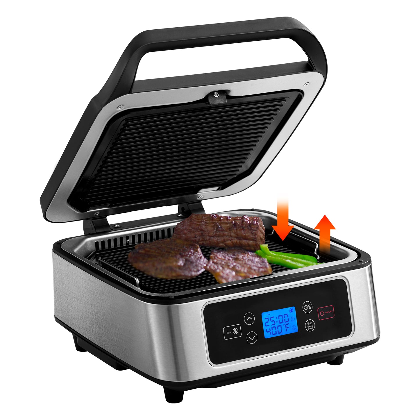 TER Smokeless Indoor Grill, Panini Press Sandwich Maker, Electric Contact Grill with Auto-Lift/Independent Upper Heating/Adjustable Temperature & Timer/Fan/Removable Non-Stick Plates, 1300W, Silver