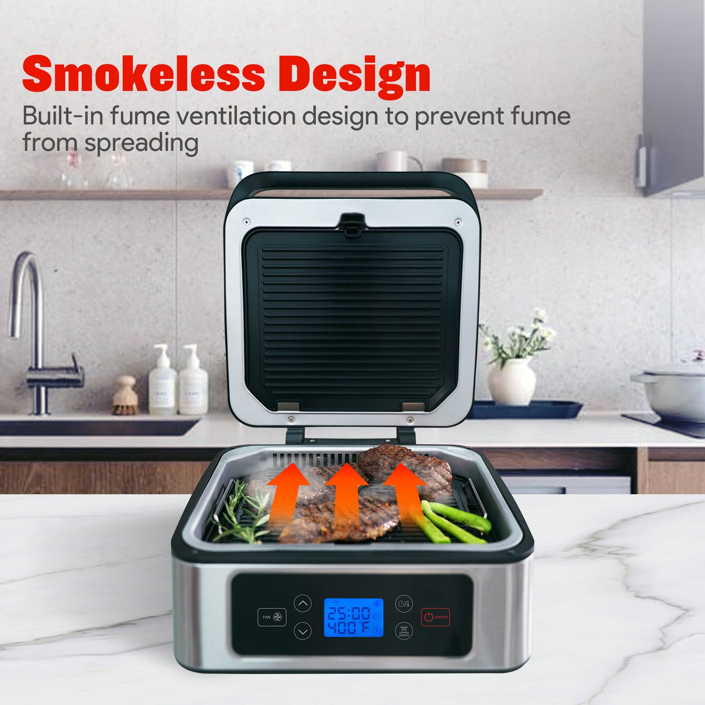 TER Smokeless Indoor Grill, Panini Press Sandwich Maker, Electric Contact Grill with Auto-Lift/Independent Upper Heating/Adjustable Temperature & Timer/Fan/Removable Non-Stick Plates, 1300W, Silver