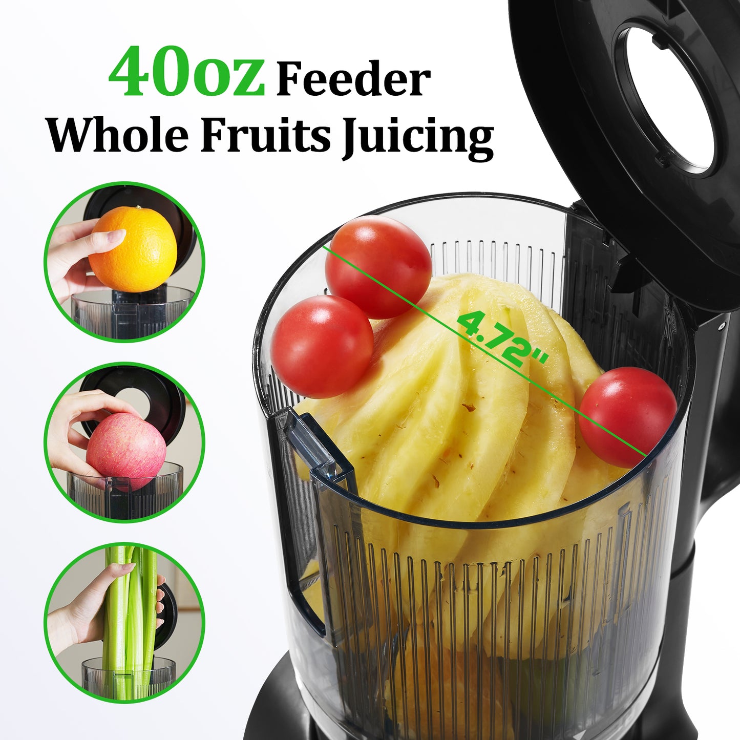 Juicer Machines, TER Cold Press Juicer with 5'' Wide Chute, Stainless Steel Slow Masticating for Vegetables & Fruits, High Juice Yield, Easy to Clean, Includes 2 Cups