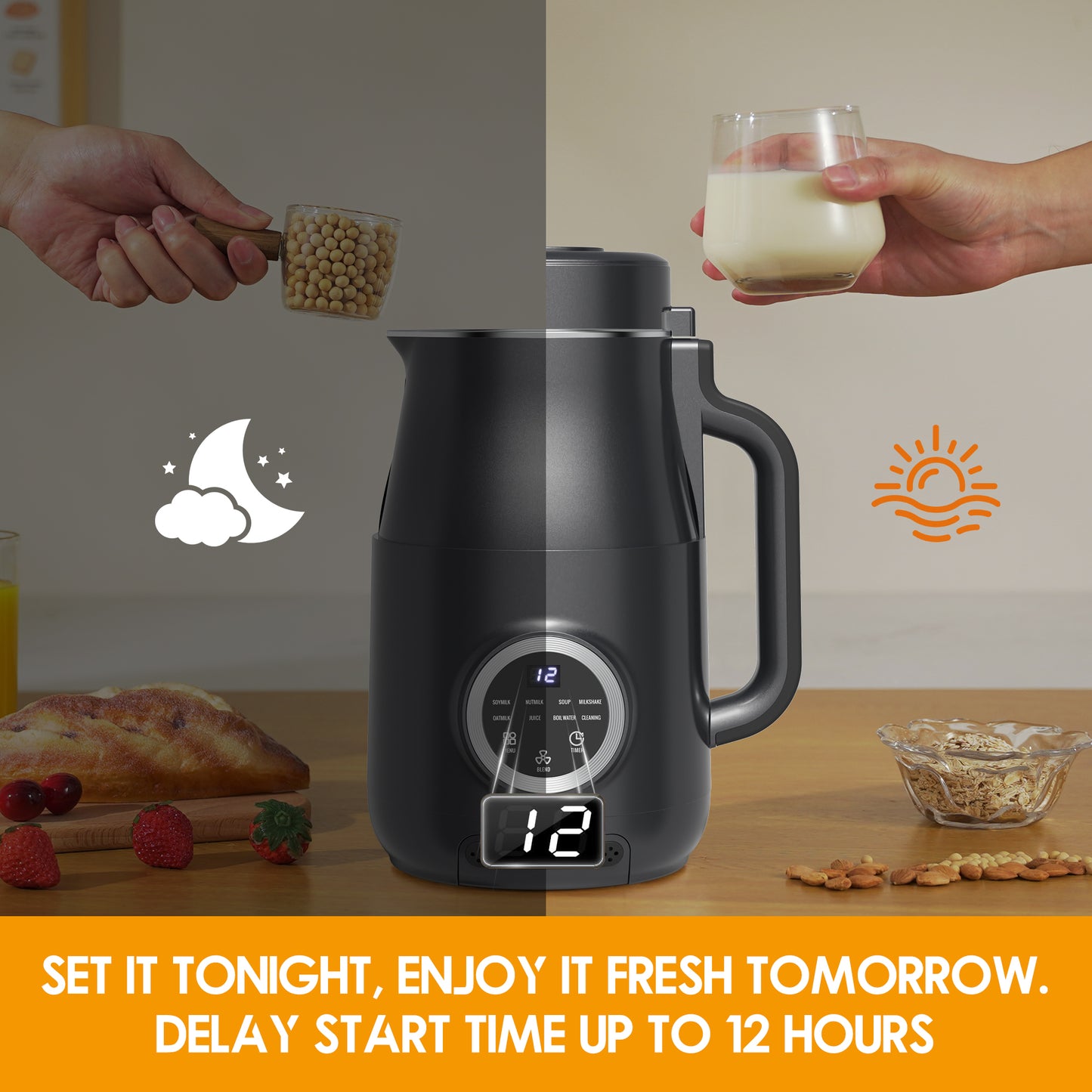 Roll over image to zoom in 2 VIDEOS 10-in-1 Nut Milk Maker, 40oz Blender Homemade Almond, Oat, Soy, Coconut Milk, Juice & Soup, Electric Bean Milk Machine with Delay Start/Auto-Clean/Boil Water/Keep Warm (Black)