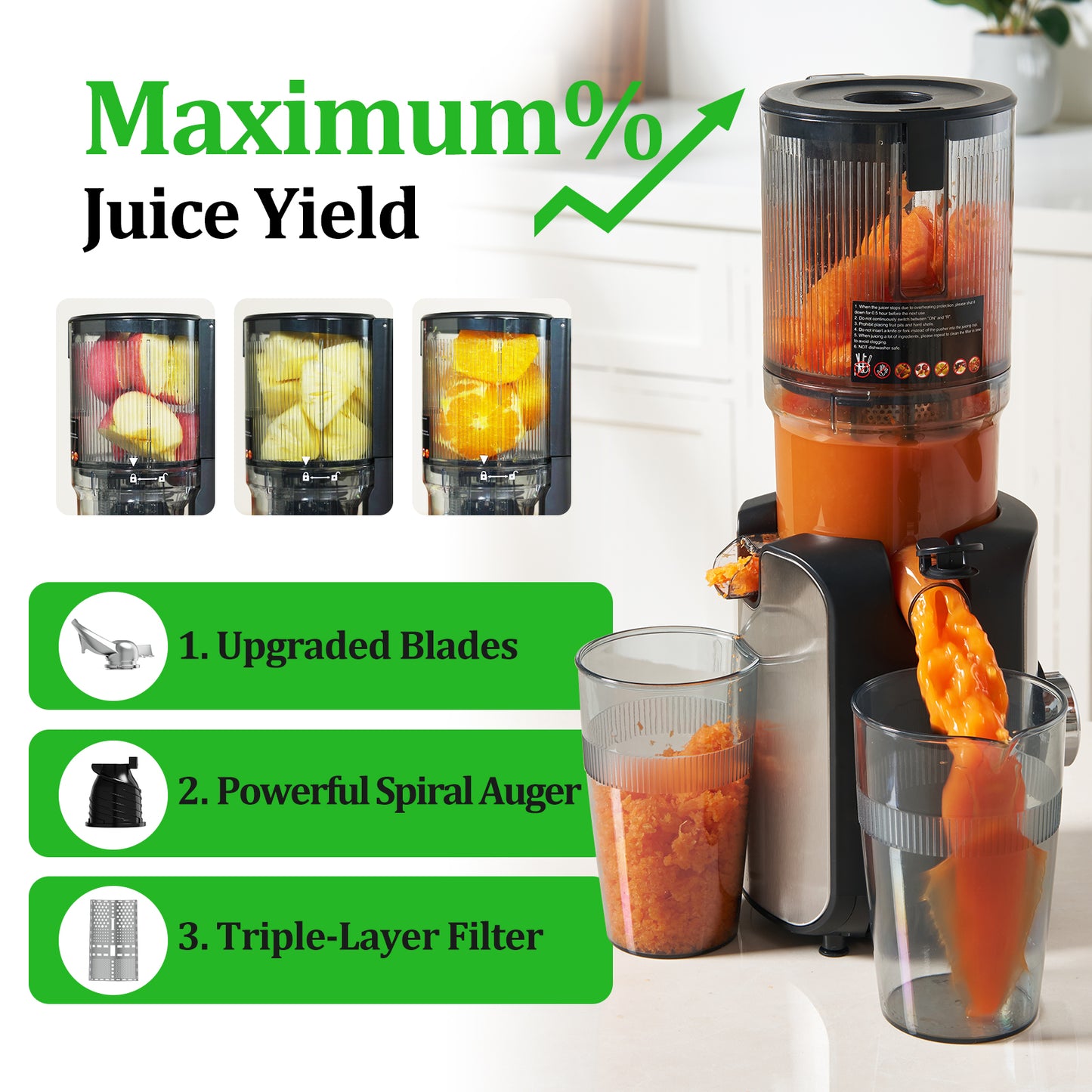 Juicer Machines, TER Cold Press Juicer with 5'' Wide Chute, Stainless Steel Slow Masticating for Vegetables & Fruits, High Juice Yield, Easy to Clean, Includes 2 Cups