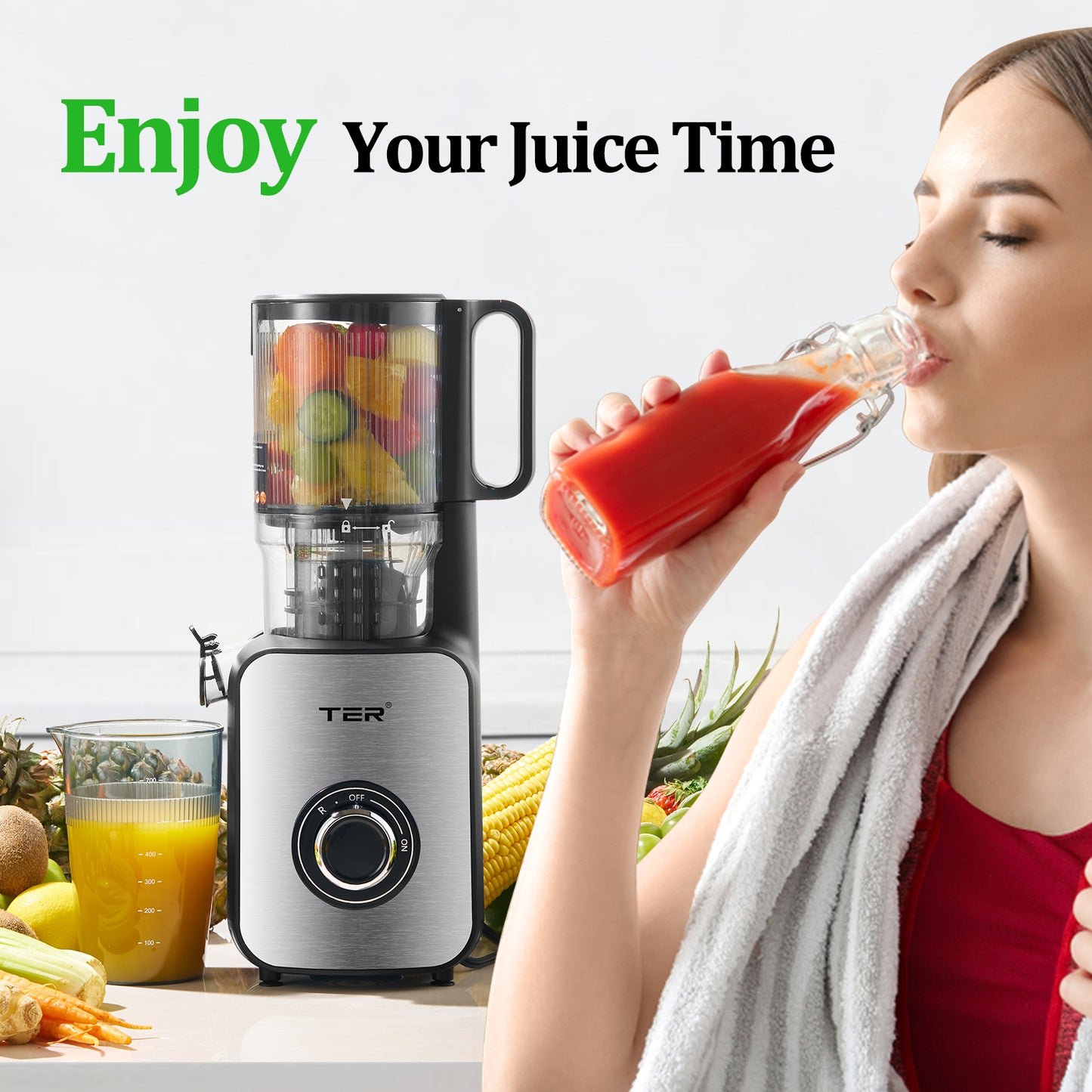 Juicer Machines, TER Cold Press Juicer with 5'' Wide Chute, Stainless Steel Slow Masticating for Vegetables & Fruits, High Juice Yield, Easy to Clean, Includes 2 Cups