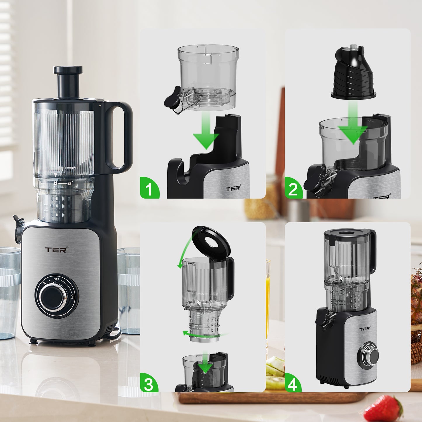 Juicer Machines, TER Cold Press Juicer with 5'' Wide Chute, Stainless Steel Slow Masticating for Vegetables & Fruits, High Juice Yield, Easy to Clean, Includes 2 Cups