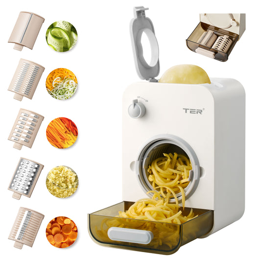 TER 5-in-1 Electric Cheese Grater – Large Caliber Vegetable & Cheese Shredder