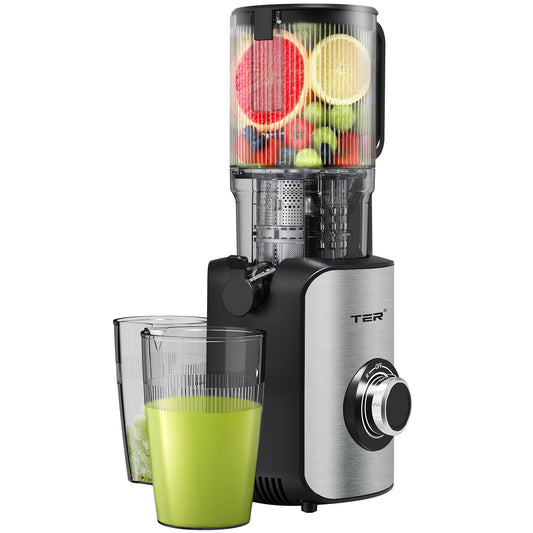 Juicer Machines, TER Cold Press Juicer with 5'' Wide Chute, Stainless Steel Slow Masticating for Vegetables & Fruits, High Juice Yield, Easy to Clean, Includes 2 Cups
