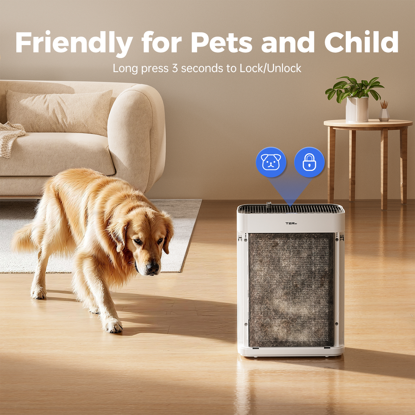 TER AP01 air purifier with child lock for homes with pets