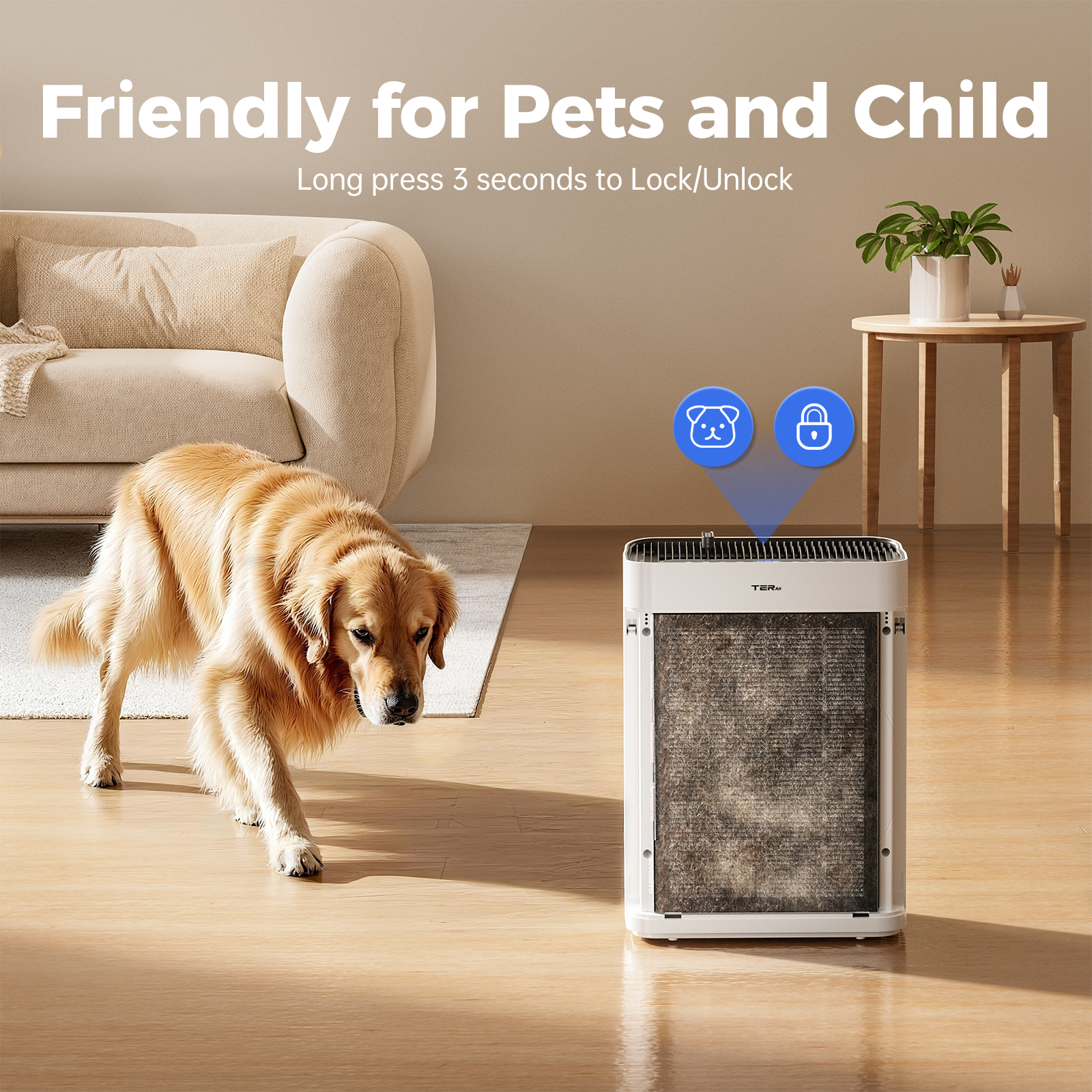 TER AP01 air purifier with child lock for homes with pets
