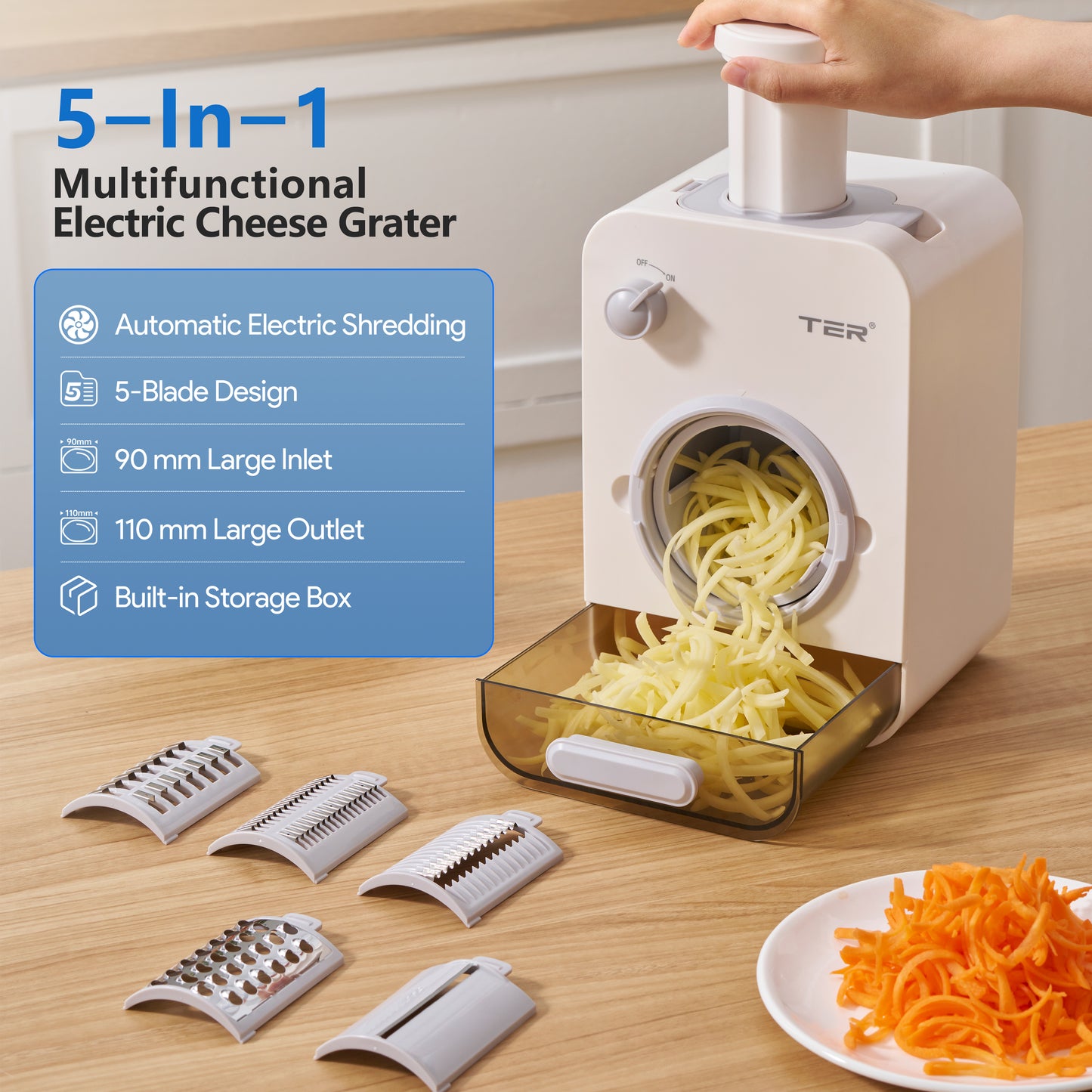 TER 5-in-1 Electric Cheese Grater – Large Caliber Vegetable & Cheese Shredder