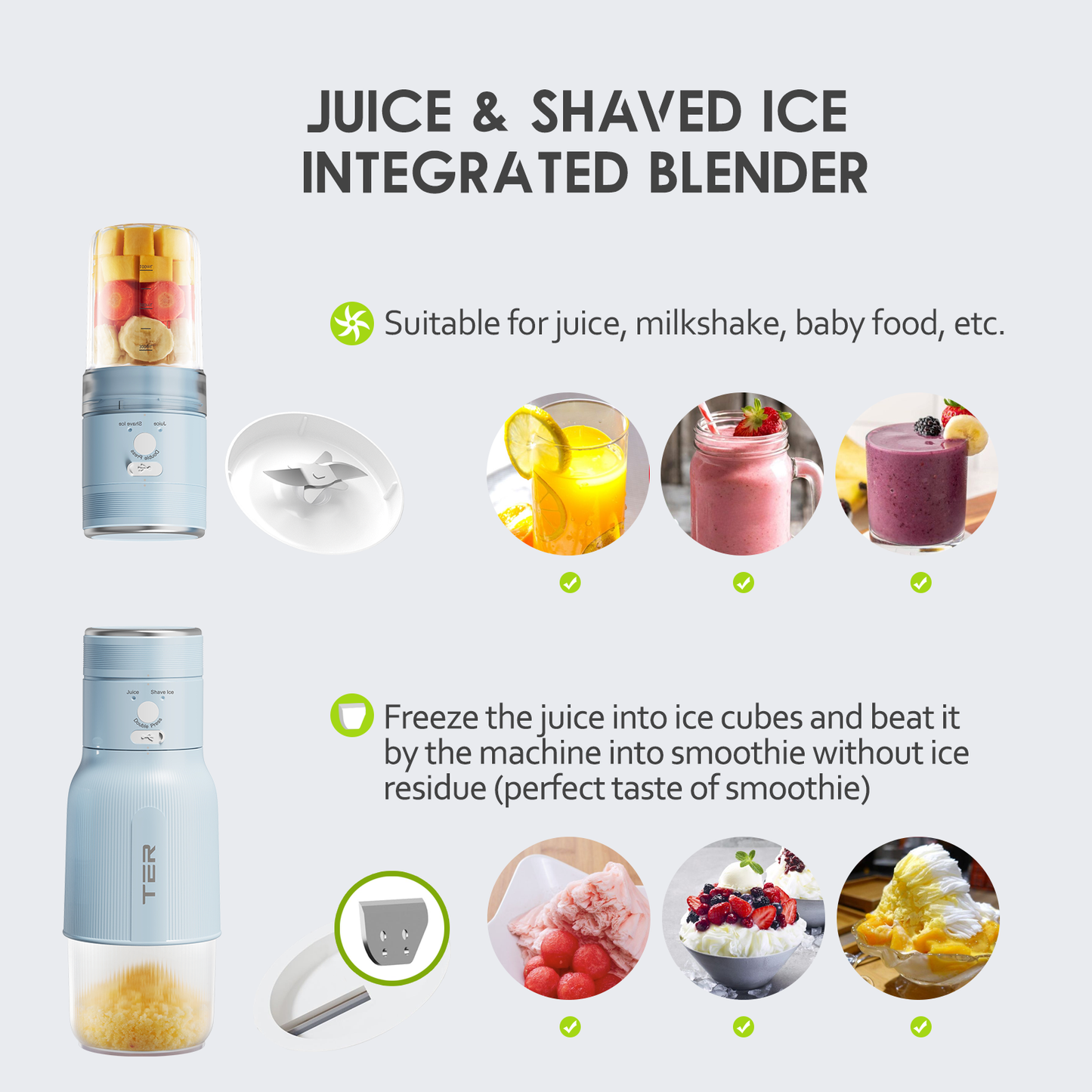 TER 2-in-1 Shaved Ice Machine & Juice Blender – Snow Cone & Smoothie Maker