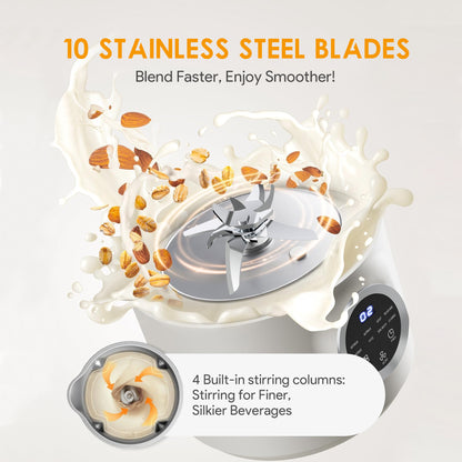 10-in-1 Nut Milk Maker, 40oz Blender Homemade Almond, Oat, Soy, Coconut Milk, Juice & Soup, Electric Bean Milk Machine with Delay Start/Auto-Clean/Boil Water/Keep Warm （White）