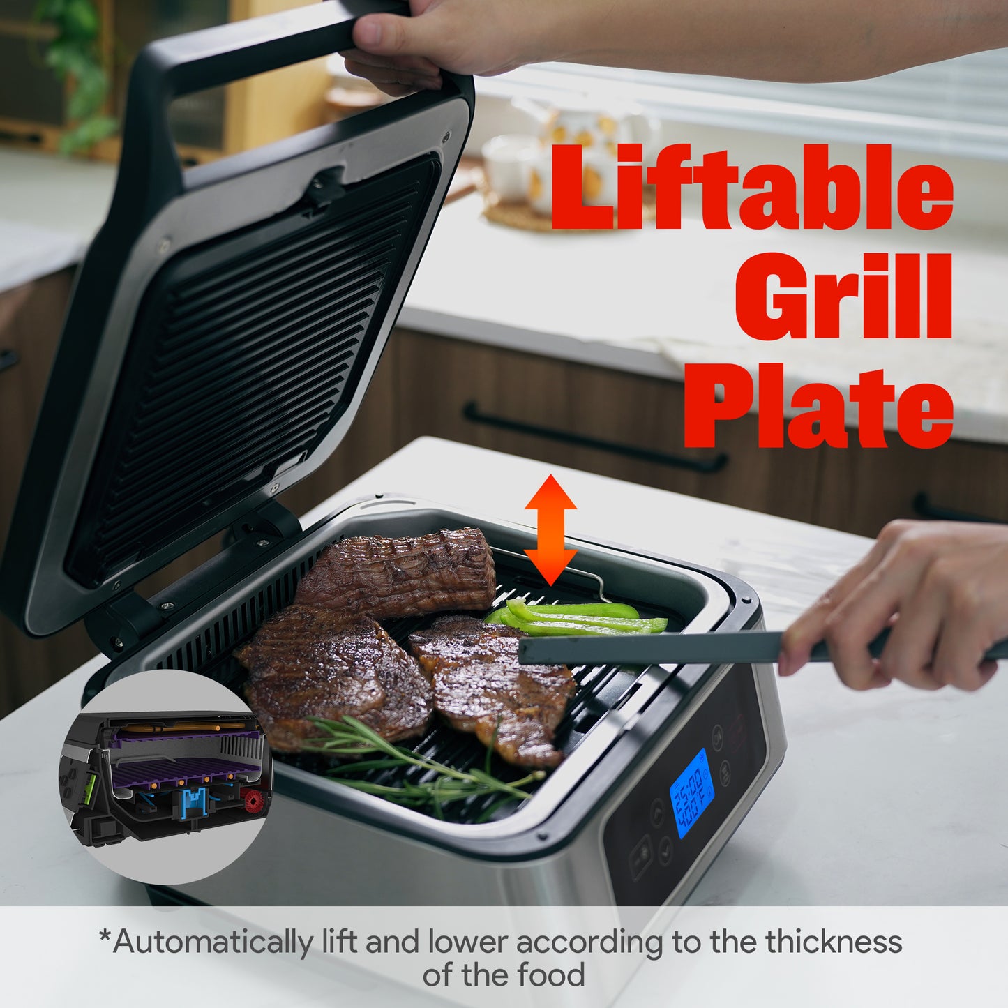 TER Smokeless Indoor Grill, Panini Press Sandwich Maker, Electric Contact Grill with Auto-Lift/Independent Upper Heating/Adjustable Temperature &amp; Timer/Fan/Removable Non-Stick Plates, 1300W, Silver