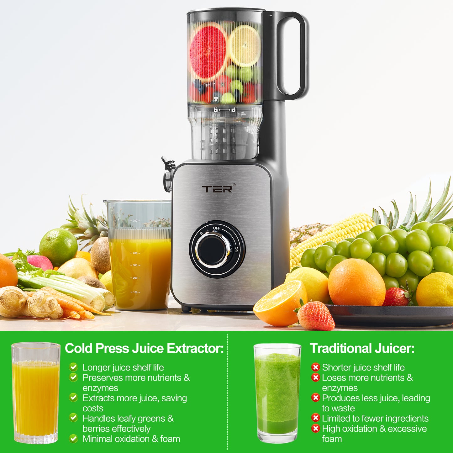 Juicer Machines, TER Cold Press Juicer with 5'' Wide Chute, Stainless Steel Slow Masticating for Vegetables & Fruits, High Juice Yield, Easy to Clean, Includes 2 Cups