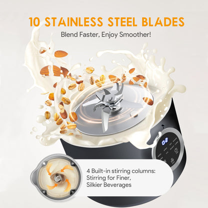 10-in-1 Nut Milk Maker, 40oz Blender Homemade Almond, Oat, Soy, Coconut Milk, Juice & Soup, Electric Bean Milk Machine with Delay Start/Auto-Clean/Boil Water/Keep Warm (Black)
