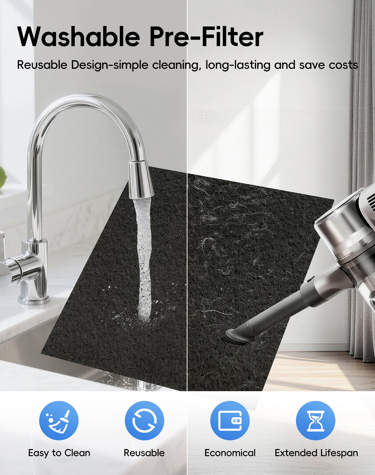 Washable pre-filter for capturing pet hair and lint