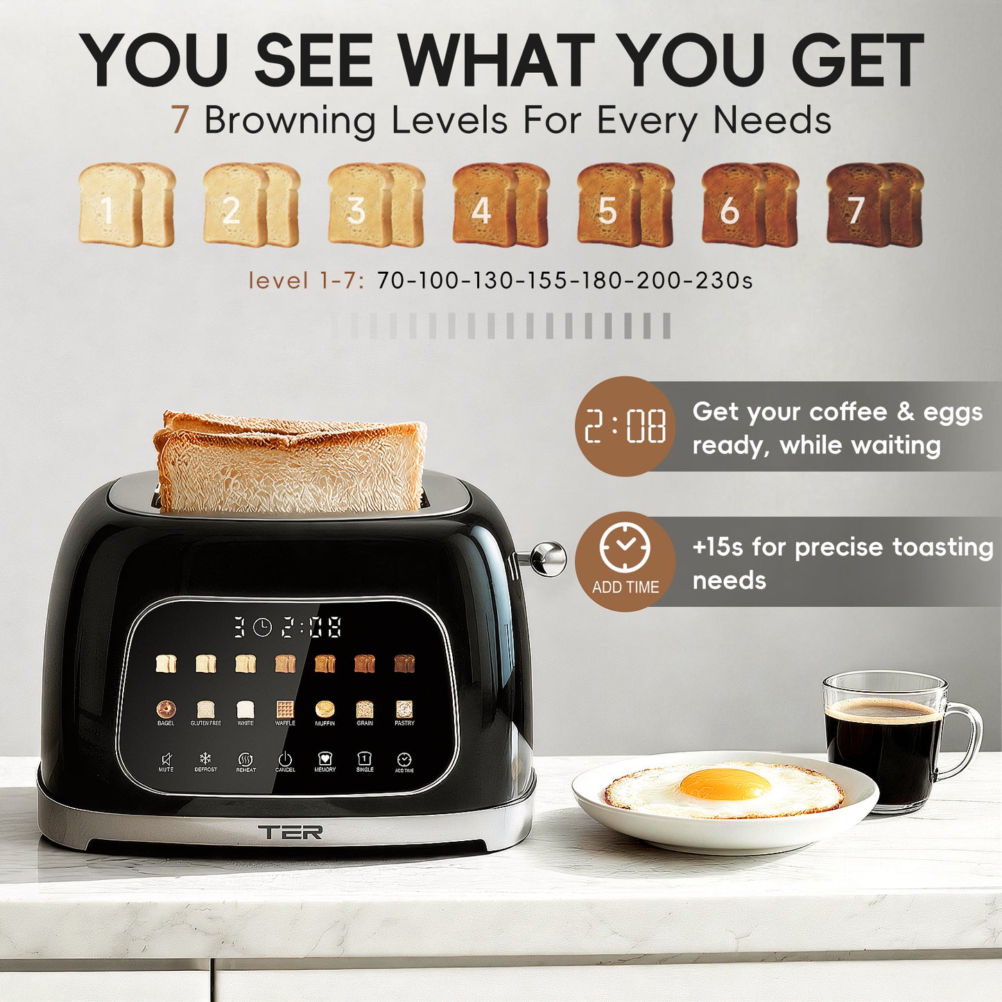 TER Touch Screen Toaster - 7 browning levels and countdown timer