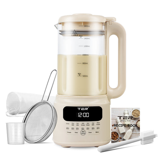 61oz Nut Milk Maker Machine, TER 10-in-1 Soy Milk Maker for Almond/Oat/Soy Milk, Juice, Milkshake, Rice Paste, Auto Clean/24H Preset Time/12H Keep Warm, with 7 Accessories