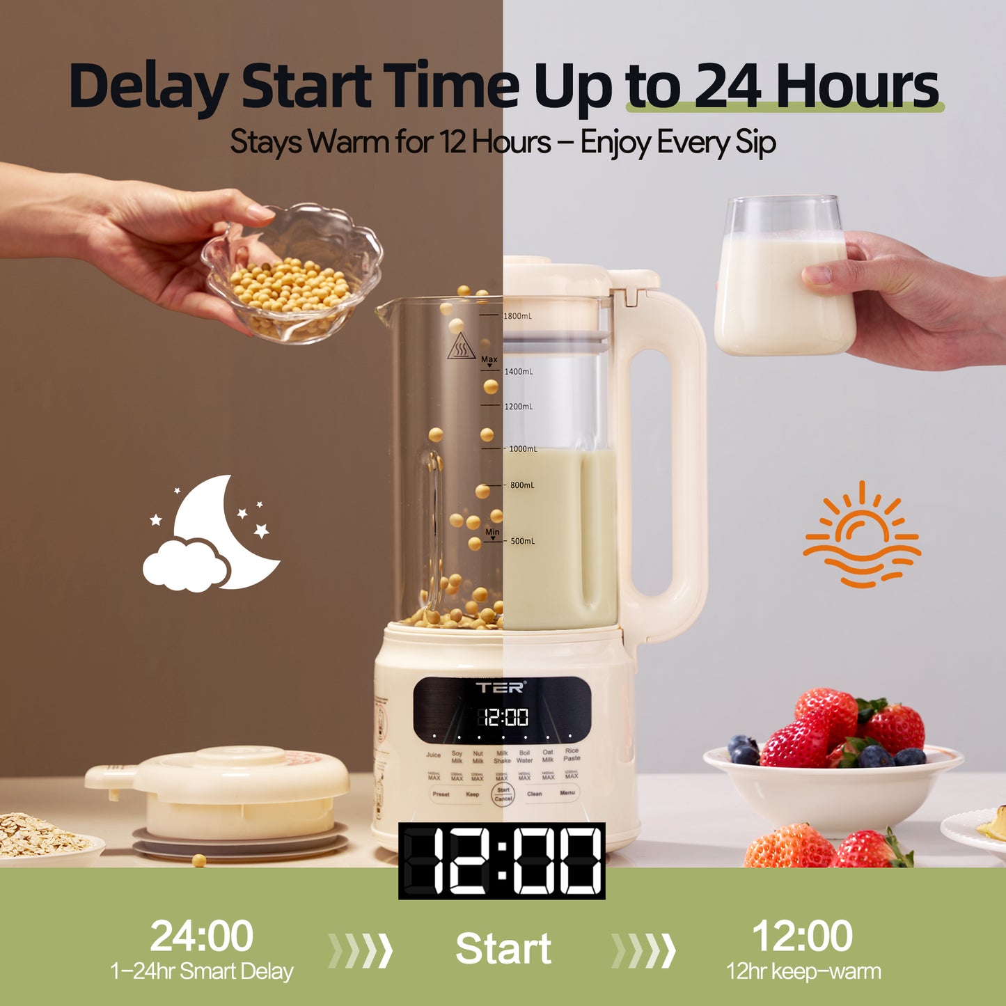 61oz Nut Milk Maker Machine, TER 10-in-1 Soy Milk Maker for Almond/Oat/Soy Milk, Juice, Milkshake, Rice Paste, Auto Clean/24H Preset Time/12H Keep Warm, with 7 Accessories