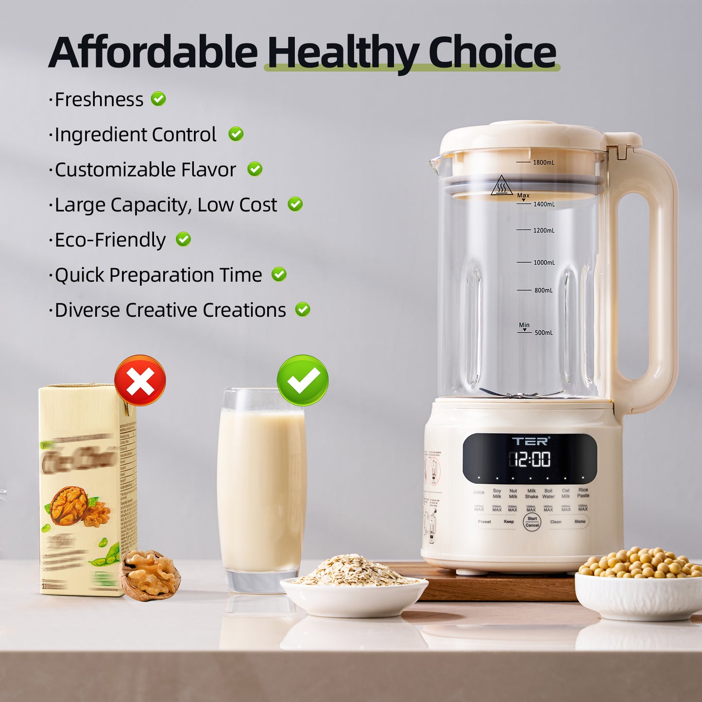 61oz Nut Milk Maker Machine, TER 10-in-1 Soy Milk Maker for Almond/Oat/Soy Milk, Juice, Milkshake, Rice Paste, Auto Clean/24H Preset Time/12H Keep Warm, with 7 Accessories