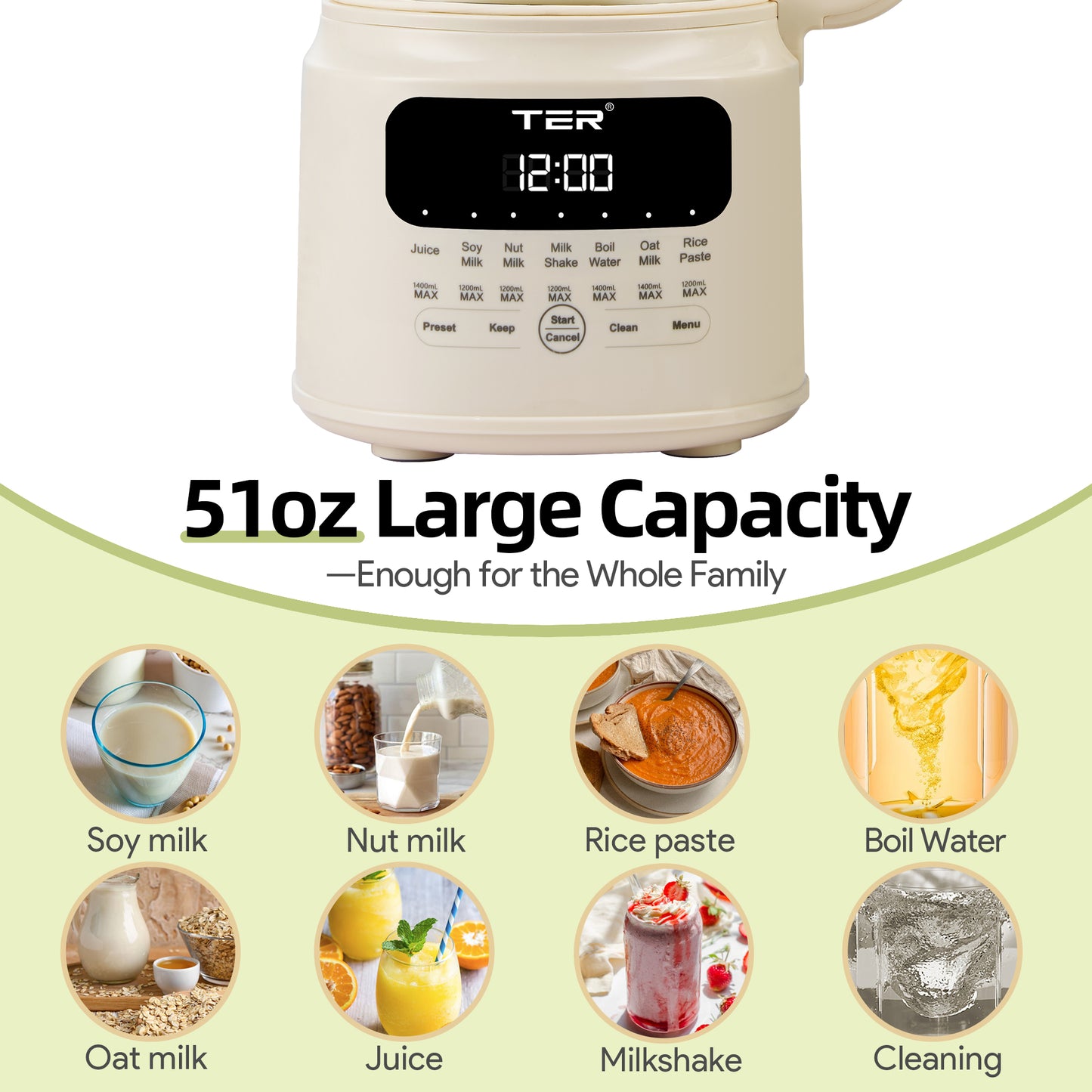 61oz Nut Milk Maker Machine, TER 10-in-1 Soy Milk Maker for Almond/Oat/Soy Milk, Juice, Milkshake, Rice Paste, Auto Clean/24H Preset Time/12H Keep Warm, with 7 Accessories