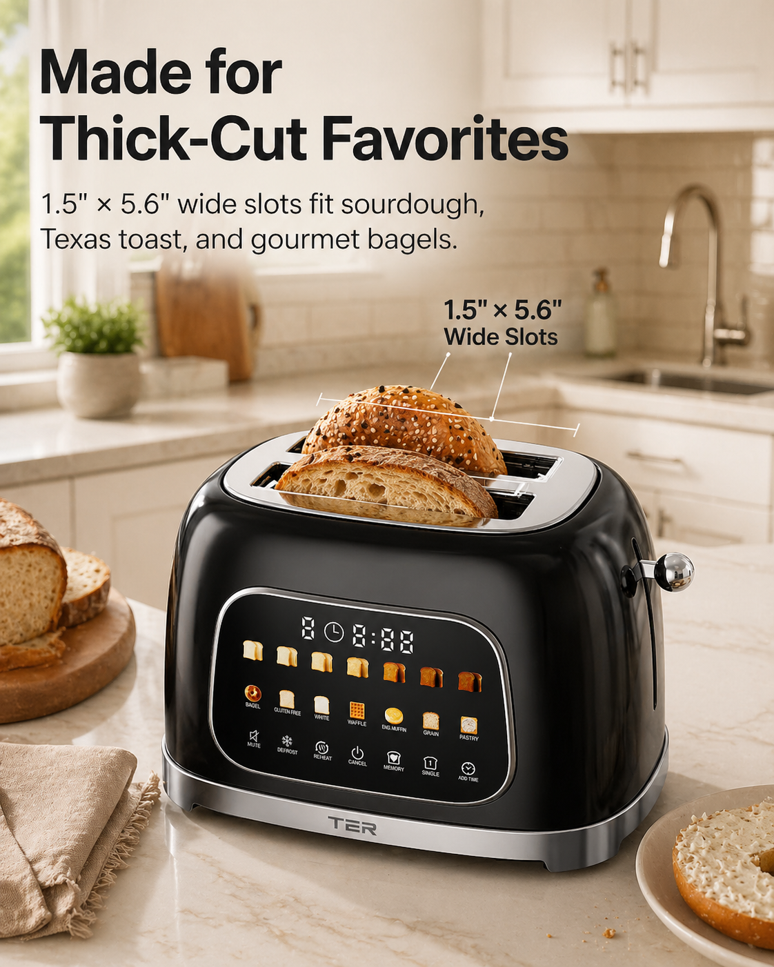 TER wide slot toaster for bagels and thick bread